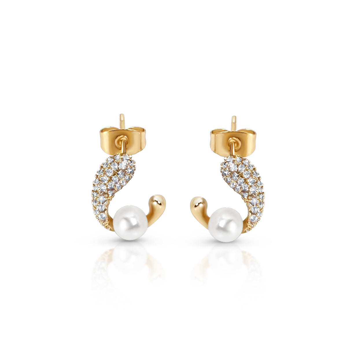 14k Gold Plated Pearl Stud Earrings | Post Earrings for Women| Pave CZ